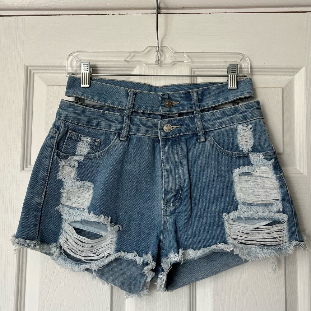 Shein Double Waistband Cutout Destroyed Cutoff Shorts - Size S